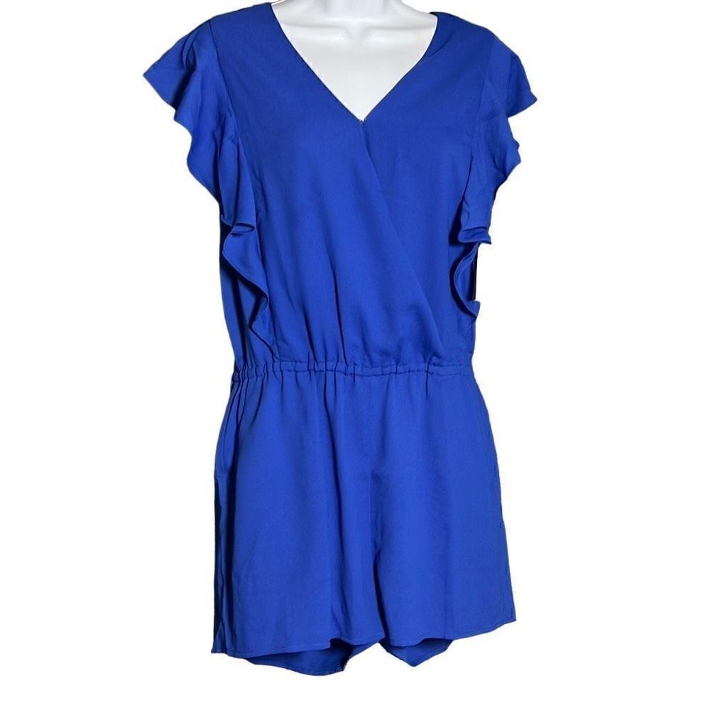 Cooper & Ella Women's Ruffled Butterfly Sleeves Blue Romper Size S NWT
